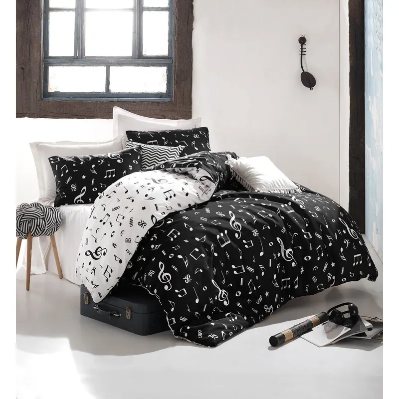 Set Lenjerie de pat double, 65% Bumbac / 35% POLYESTER, Negru, 220x200 cm - Negru