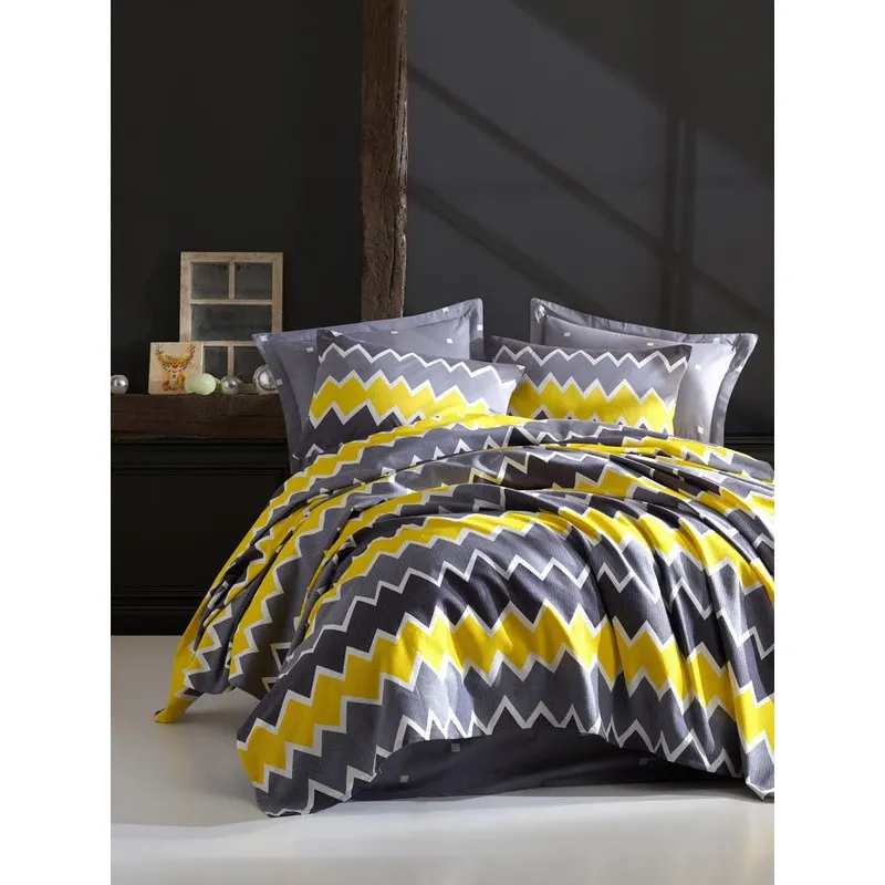 Cuvertură de pat double, 100% Bumbac, Galben, 235x200 cm - Galben