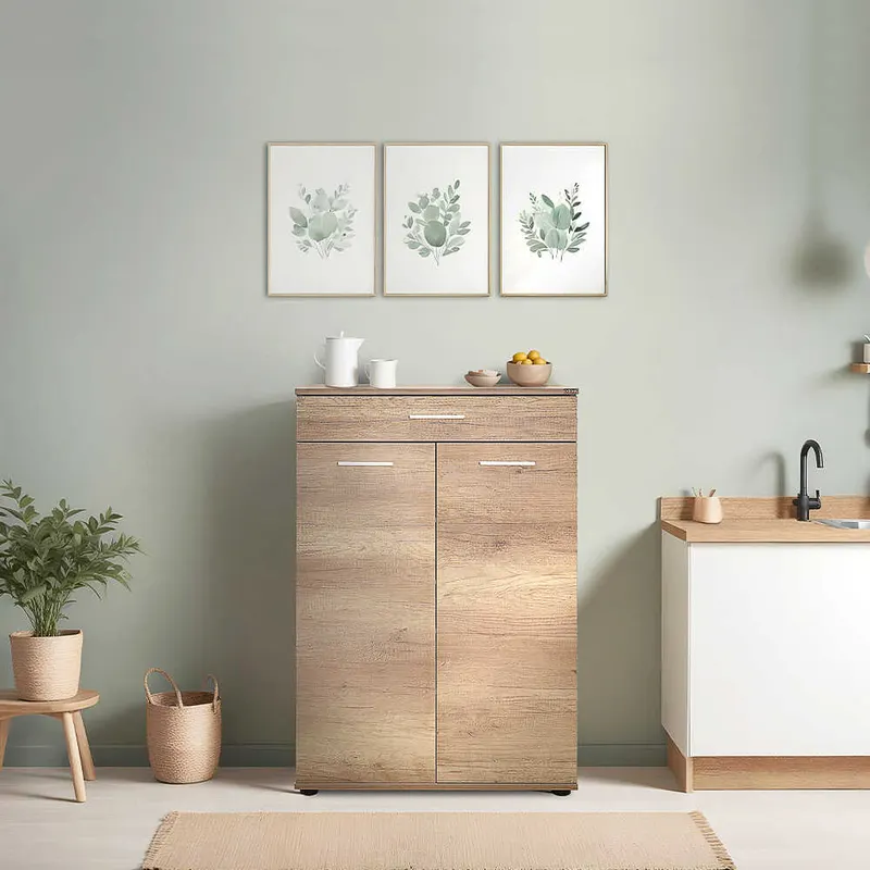 Dulap Multifuncțional pentru Hol, Baie sau Bucătărie, 2 Uși, 1 Sertar, Alb - Natur, 73x108x35 cm - Natur