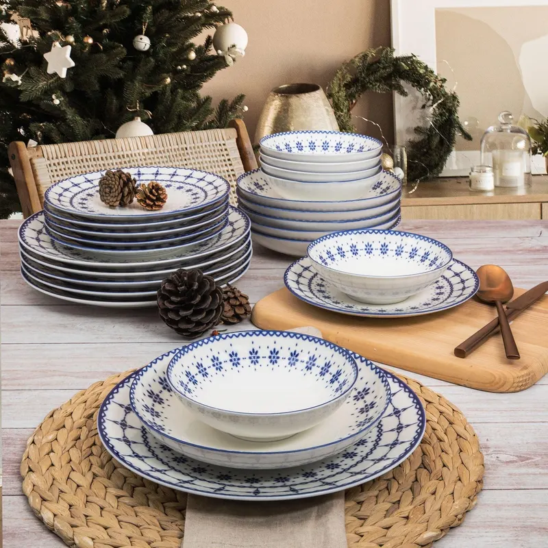 Serviciu de masa, Set 24 piese pentru cina, Portelan, Albastru, 25x25x2 cm - Albastru