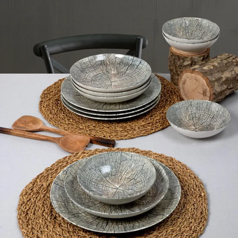 Serviciu de masa, Set 18 piese pentru cina,, Portelan, Lemn - Natur