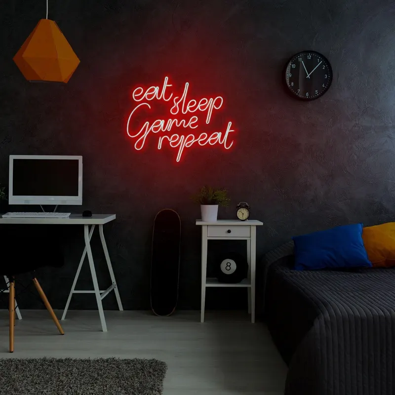 Aplica de Perete Neon eat sleep game repeat, 51x40 cm - Rosu