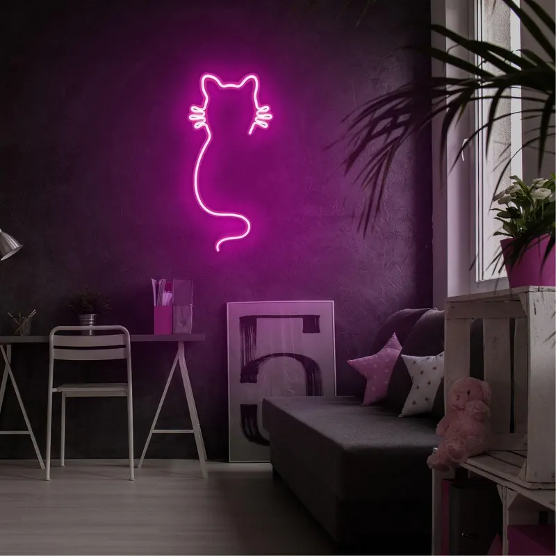 Aplica de Perete Neon Cat, 22x48 cm - Roz