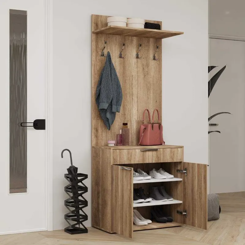 Cuier cu Pantofar PRT-521-BB-1 Home Collection® Porto Aero, cu Sertar, Alb - Natur, 73x187x36 cm - Natur