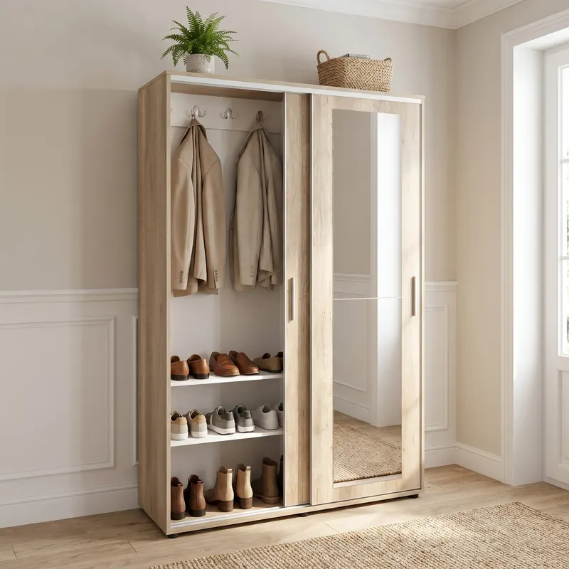 Cuier cu pantofar PRT-620-BB-3 Home Collection® Porto Maxi, 2 usi cu oglinda, 12 rafturi, capacitate 32 perechi incaltaminte, Alb - Natur, 120x187x40 cm - Natur