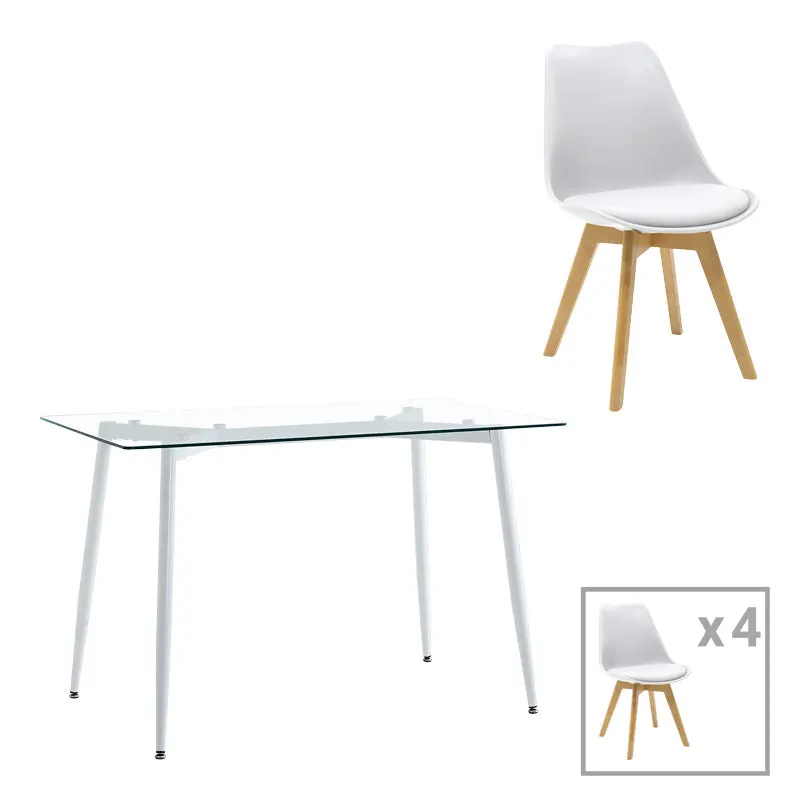Set de sufragerie 5 bucati cu blat de sticla Quana-Gaston, Stil Modern, Sticla 8mm Transparent/ Alb, 120x70x75cm. - Alb - Natural