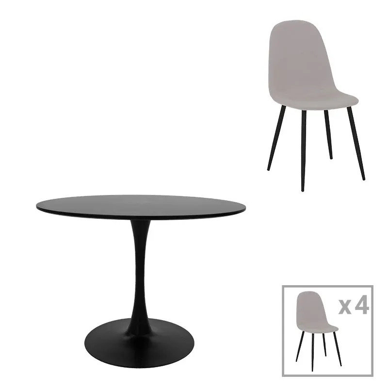 Masă de sufragerie cu set de 5 piese, negru-gri, D100x73 cm - Negru