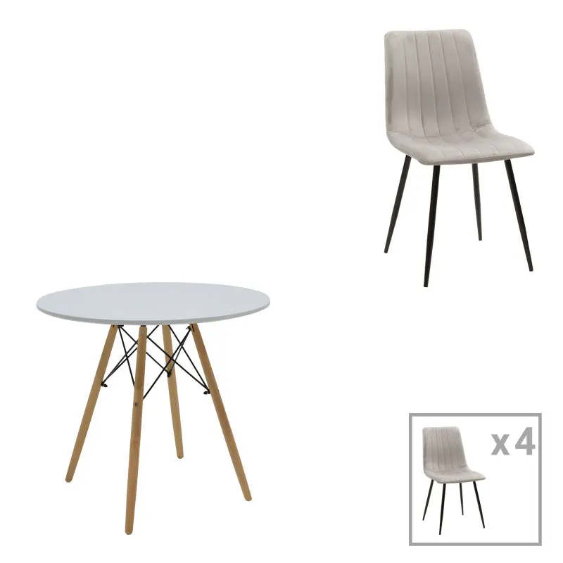 Masă de sufragerie set 5 piese Julita Noor, Lemn, Alb-Gri, D80x76 cm - Gri