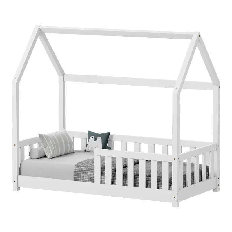 Pat pentru copii Bambie cu balustrada tip Montessori din lemn de pin, alba, 70x140 cm - Alb