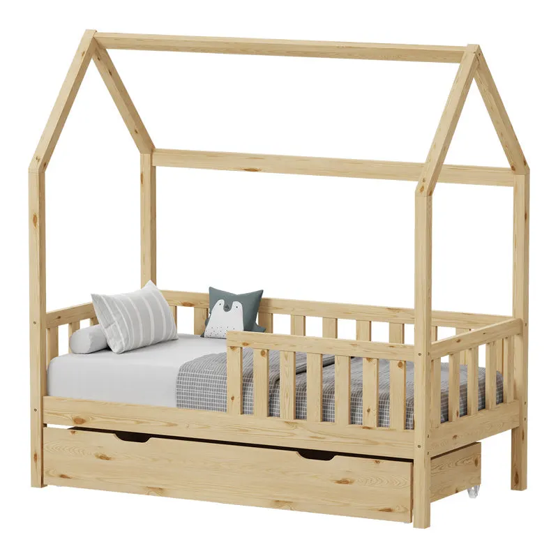 Pat bebe Bendina de tip Montessori cu sertar din lemn de pin, Natural, 70x140 cm - Natur