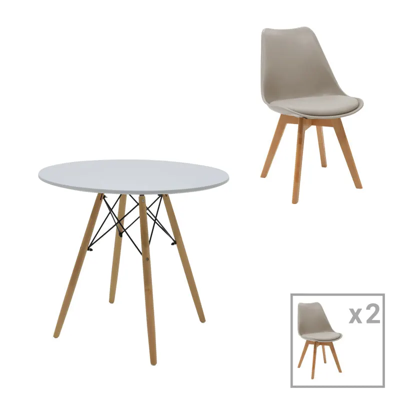 Set de sufragerie Julita-Gaston, 3 piese, Gri-Alb-Natural, 80x80x73 cm - Alb