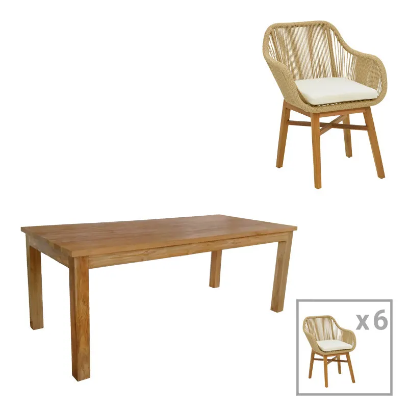 Set de sufragerie Kalie-Wooly, 7 piese, Bej-Natural, 220x90x75 cm - Natur