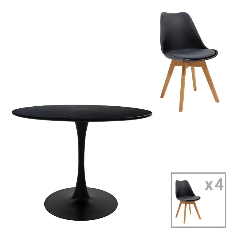Masă de sufragerie Gaston-Balou I set de 5 -mdf, neagra-Natural, D120x75 cm - Negru