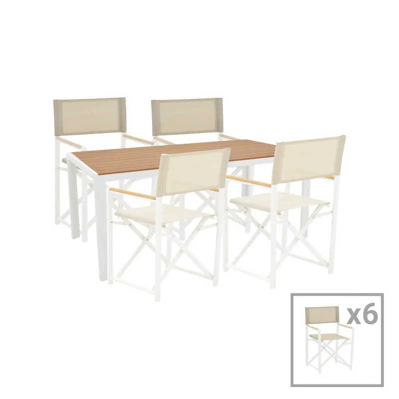 Set de 7 buc masa si scaune de gradina Mabu-Nares aluminiu alb si placaj, Natural, 180x90x72 cm - Alb