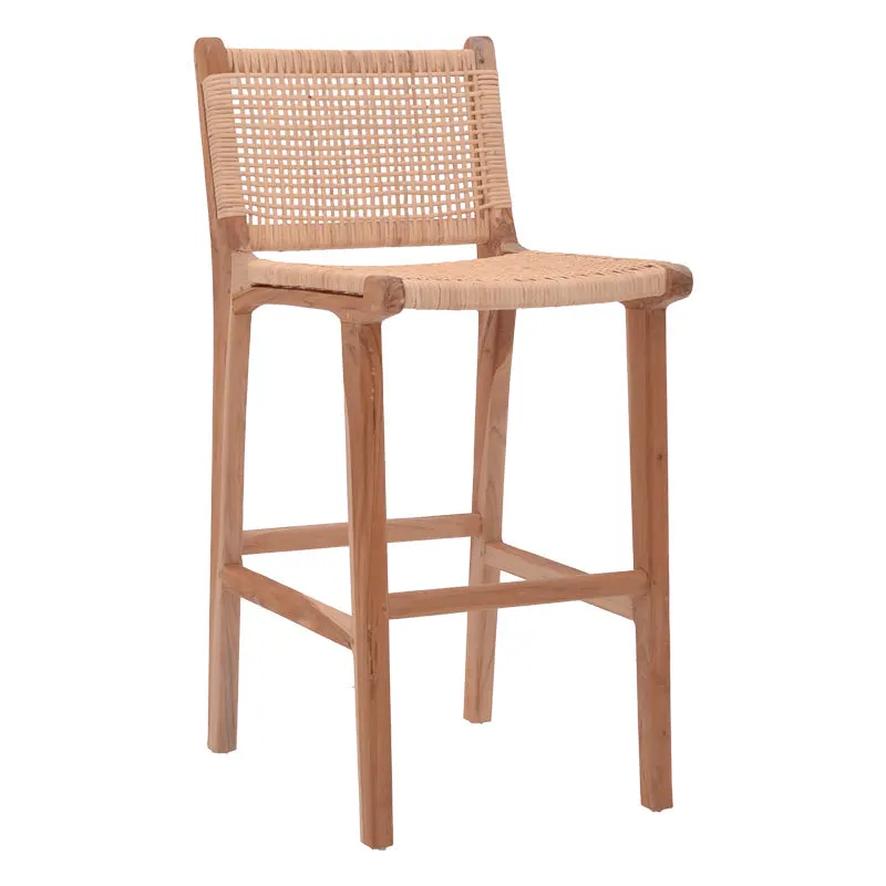 Scaun de bar inaltime medie Sponze Natural lemn de tec schelet si ratan, Natural, 40x47x89 cm - Natur