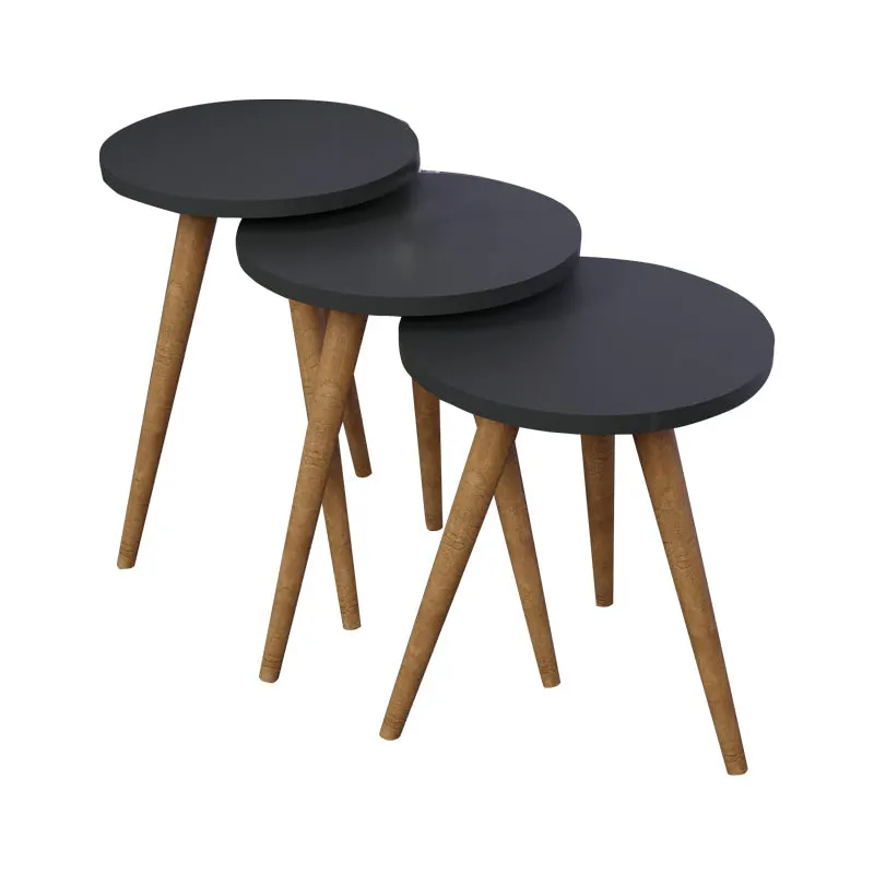 Set de 3 buc masute laterale Perjene melamina antracit cu picioare din lemn, 36x36x45 cm - Natur