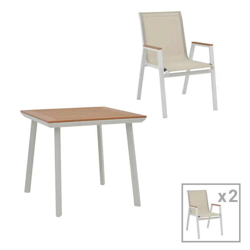 Masa de sufragerie Synergy-Azelie set 3 alb aluminiu si placaj, Natural, 80x80x74 cm - Alb