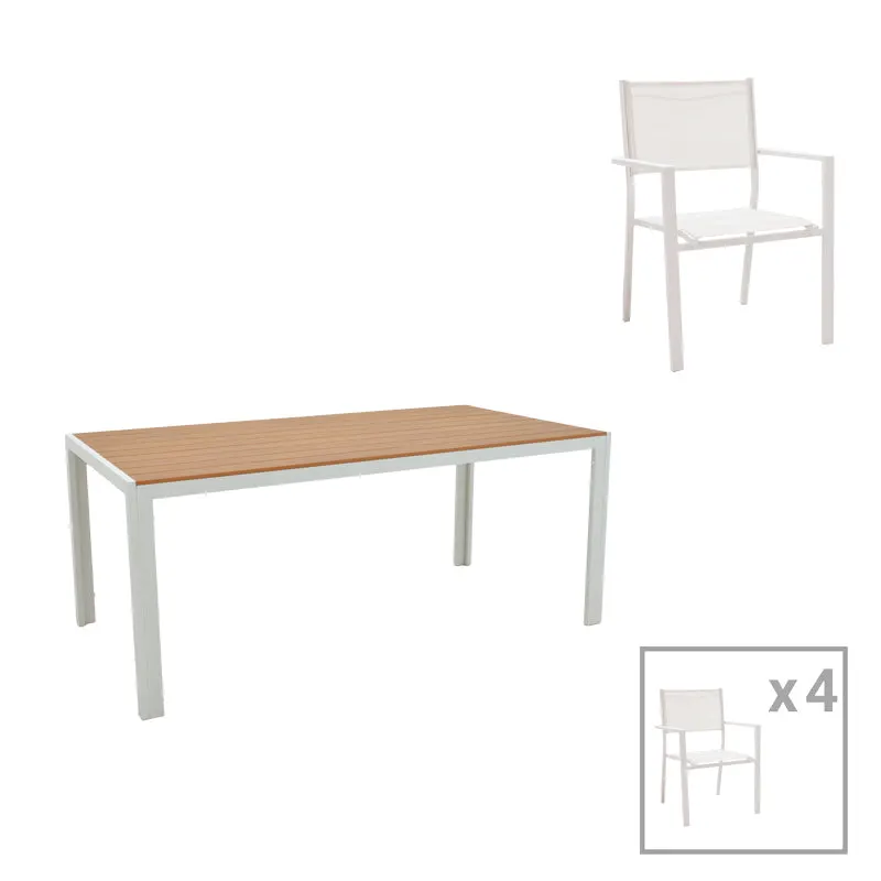 Set de 5 buc masa si scaune de gradina Nares Moly aluminiu alb si placaj, Natural, 180x90x72 cm - Natur
