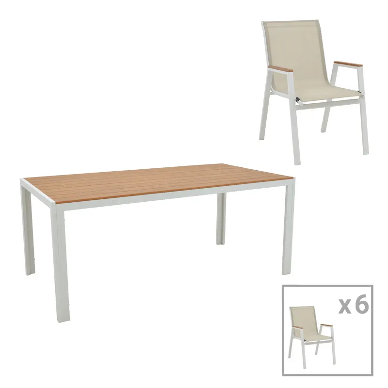Masa de sufragerie Nares-Azelie B set de 7 alb aluminiu si placaj, Natural, 180x90x72 cm - Alb