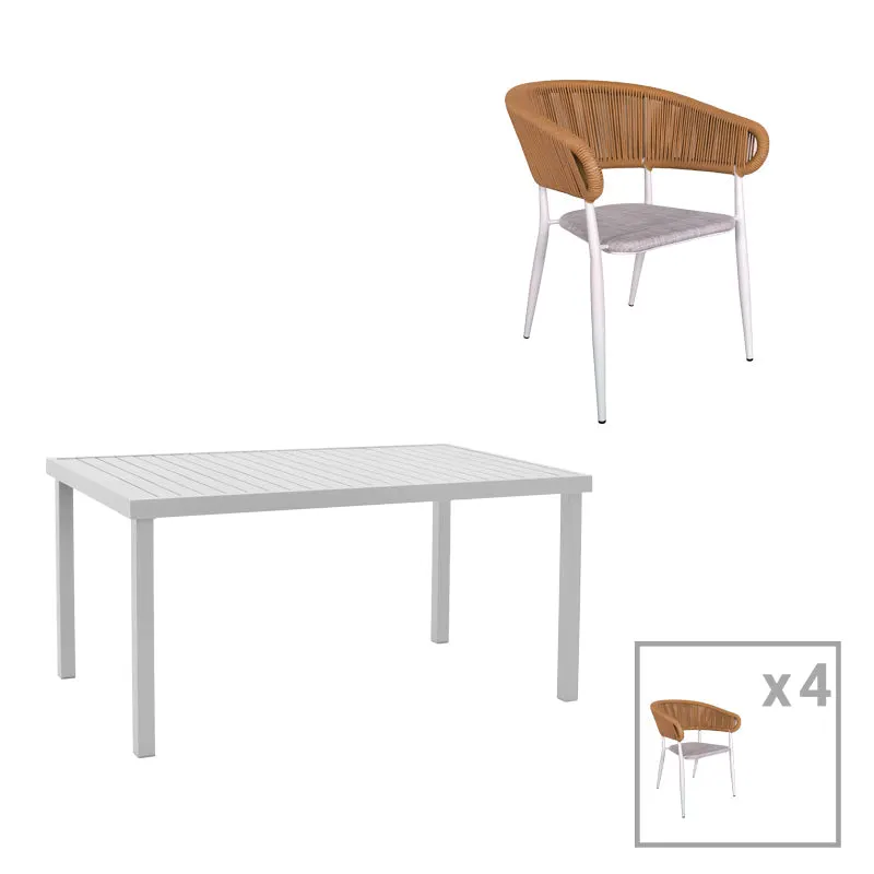 Set de 5 buc masa si scaune de gradina Kliton-Raven aluminiu, alb, 150x80x74 cm - Alb