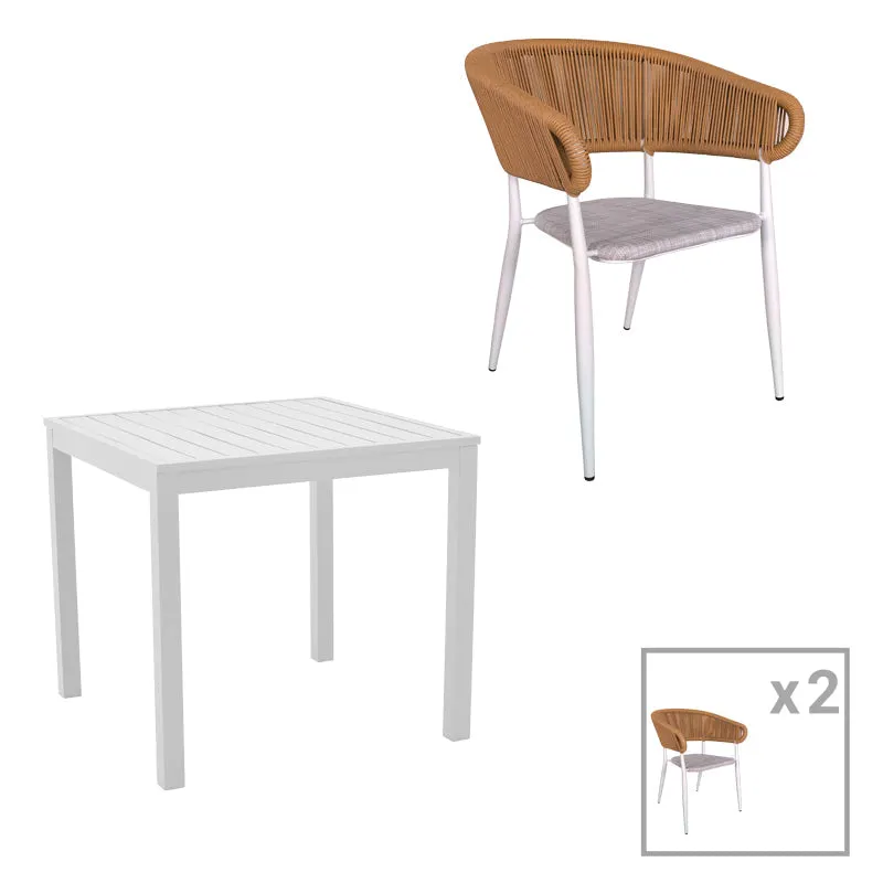 Set de 3 buc masa si scaune de gradina Kliton-Raven aluminiu, alb, 80x80x74 cm - Alb