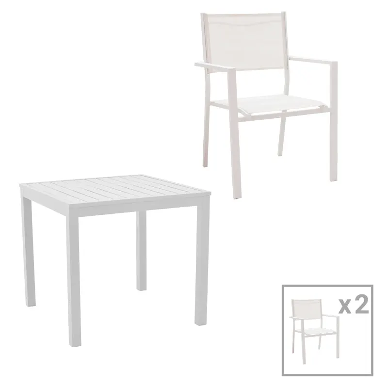 Set de 3 buc masa si scaune de gradina Kliton Moly aluminiu, alb, 80x80x74 cm - Alb