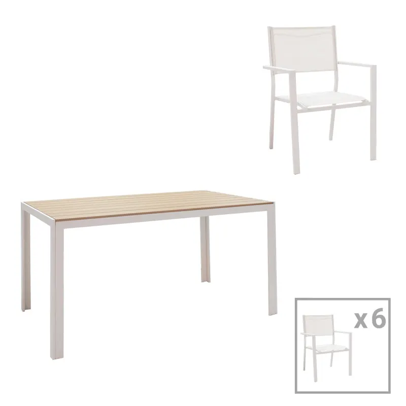 Set de 7 buc masa si scaune de gradina Nares-Moly aluminiu si plasa, alba, 140x80x72 cm - Natur