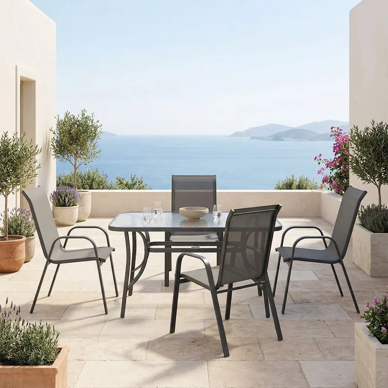 Set de sufragerie exterior Ensure Calan, 5 piese, metal si sticla, Antracit, 120x70x70 cm - Antracit