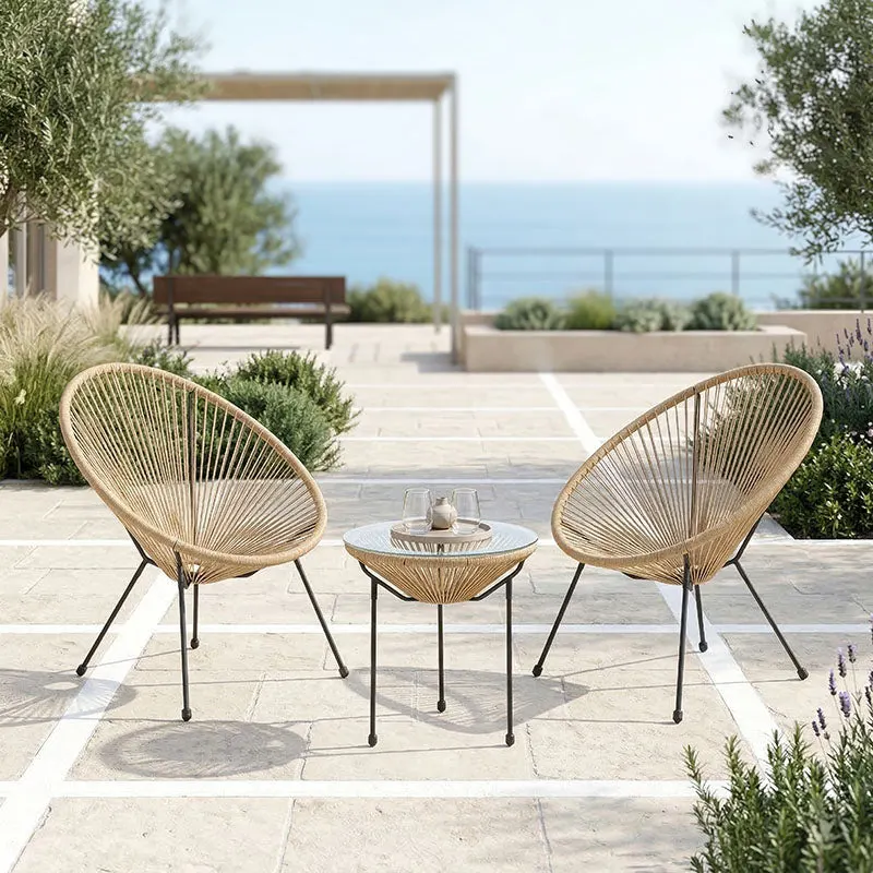 Set lounge exterior Acapulco, 3 piese, Negru-Natural, metal si ratan PE, 50x50x52 cm - Negru-Natural
