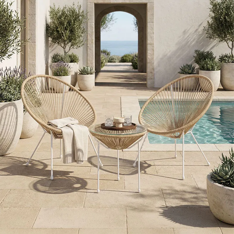 Set lounge exterior Acapulco, 3 piese, Alb-Natural, metal si ratan PE, 50x50x52 cm - Alb-Natural