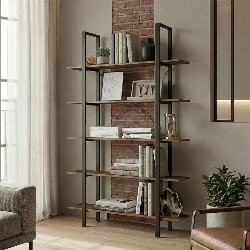 Bibliotecă-Raft cu design modern Varous, Industrial, Metal și Lemn, Nuc, 120x28x180 cm - Walnut- BLACK