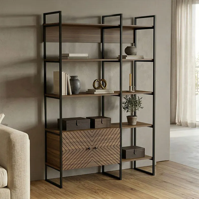 Bibliotecă modernă Rhombo, cu rafturi elegante, finisaj, nuc-negru, 120x35x180 cm - WALNUT - BLACK