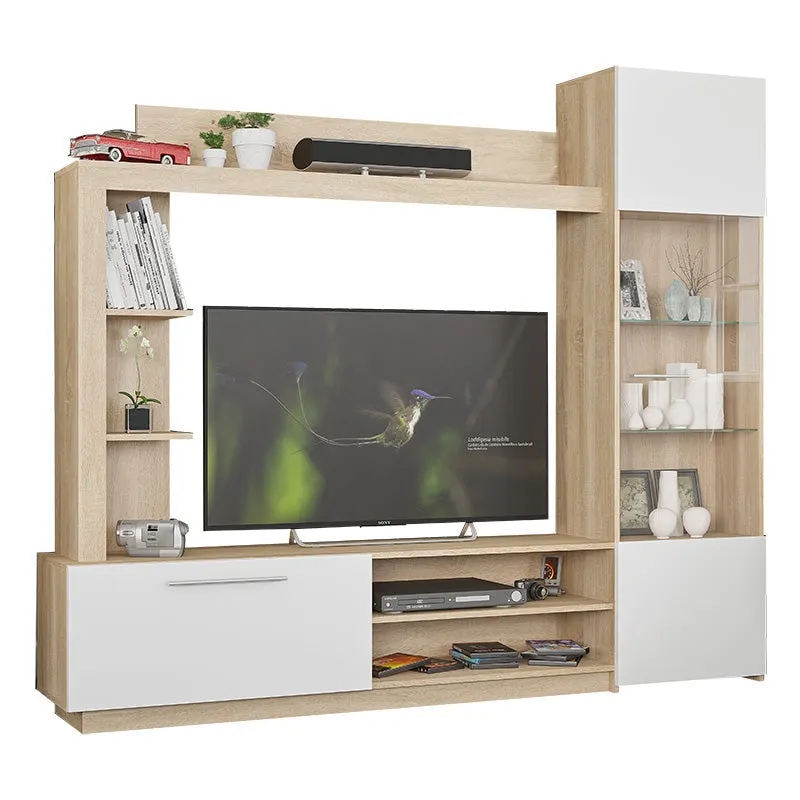 Comoda TV cu biblioteca June, Nuc - Stejar, 204x35x177 cm - Alb