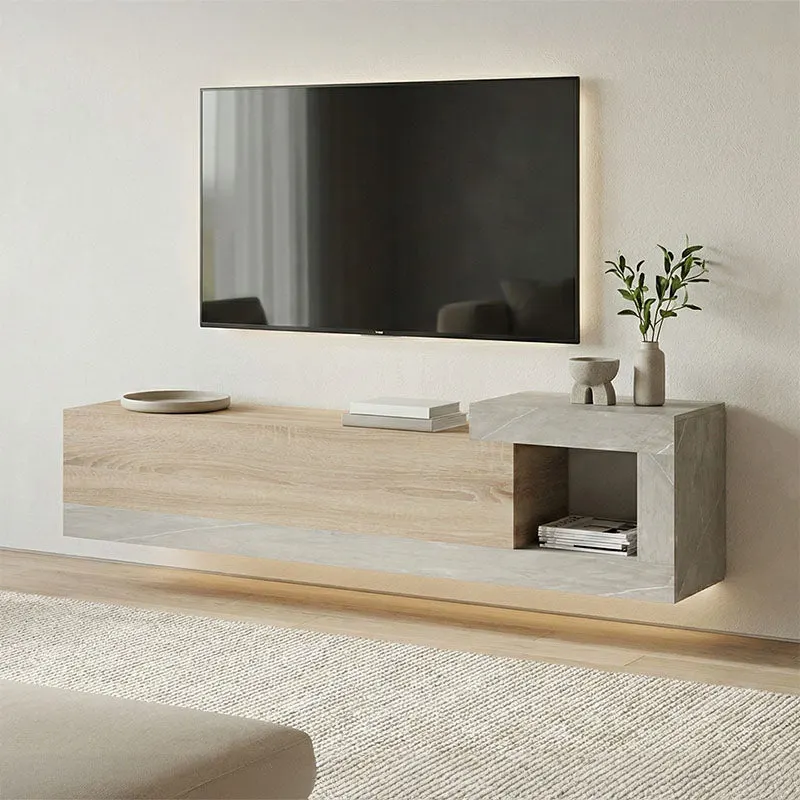 Dulap TV montat pe perete cu aspect de marmură sonoma-gri-bej Flato, 150x29x38 cm - Stejar