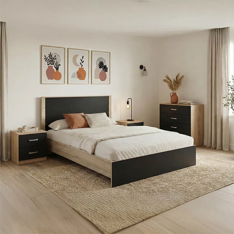 Set Dormitor Athos Sonoma Charcoal cu Pat, Lemn, Generoase, 140x200 cm - Stejar