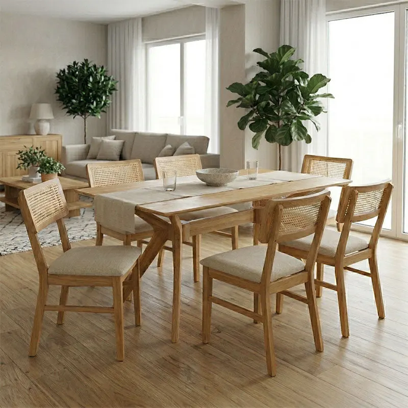 Set de sufragerie Raffles cu 7 piese, lemn cauciucat și ratan, natural, 150x90x76 cm - Gri