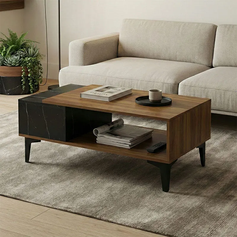 Masă de cafea cu aspect de marmură Riba, Nuc-Negru, Lemn, 90x50x37 cm - Nuc