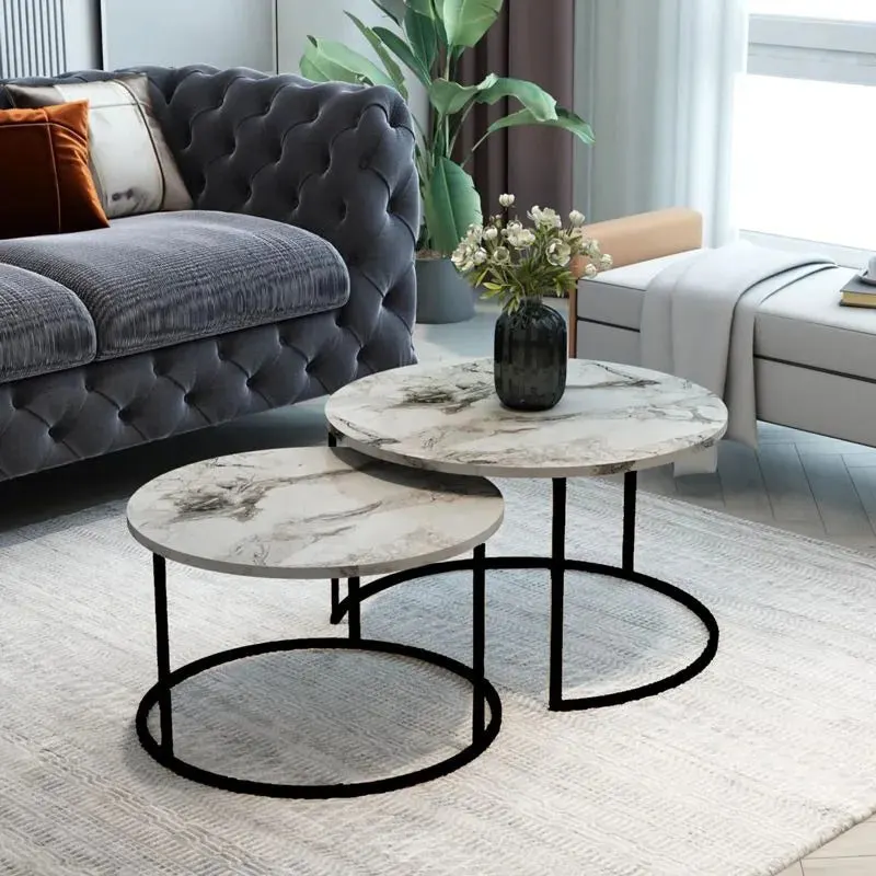 Mese de cafea cu aspect de marmură, Solme, metal negru, set 2 bucăți, 75x75x45 cm - Negru