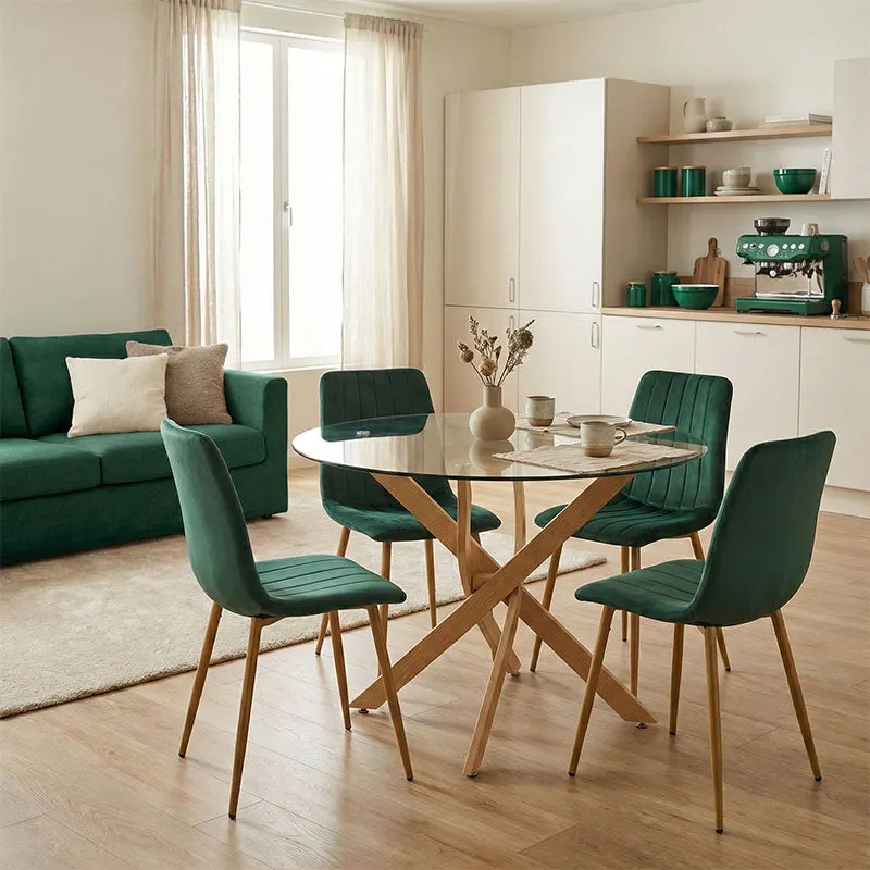 Set mobilier de sufragerie cu Scaune Noor Cypress și Masă Antoro cu Blat din Sticlă, Metal și Sticlă, Masă, Set 5 Piese, D100x75 cm - Multicolor