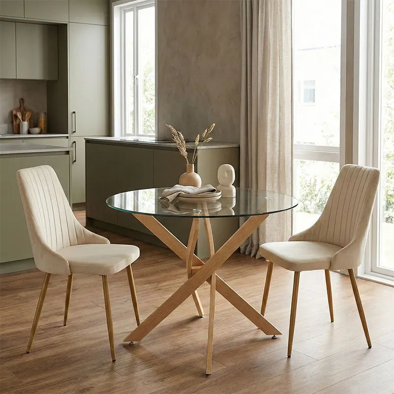 Set mobilier de sufragerie cu Scaune Azori Beige și Masă de Sticlă Antoro, Sticlă/Metal, 80x75 cm - Multicolor