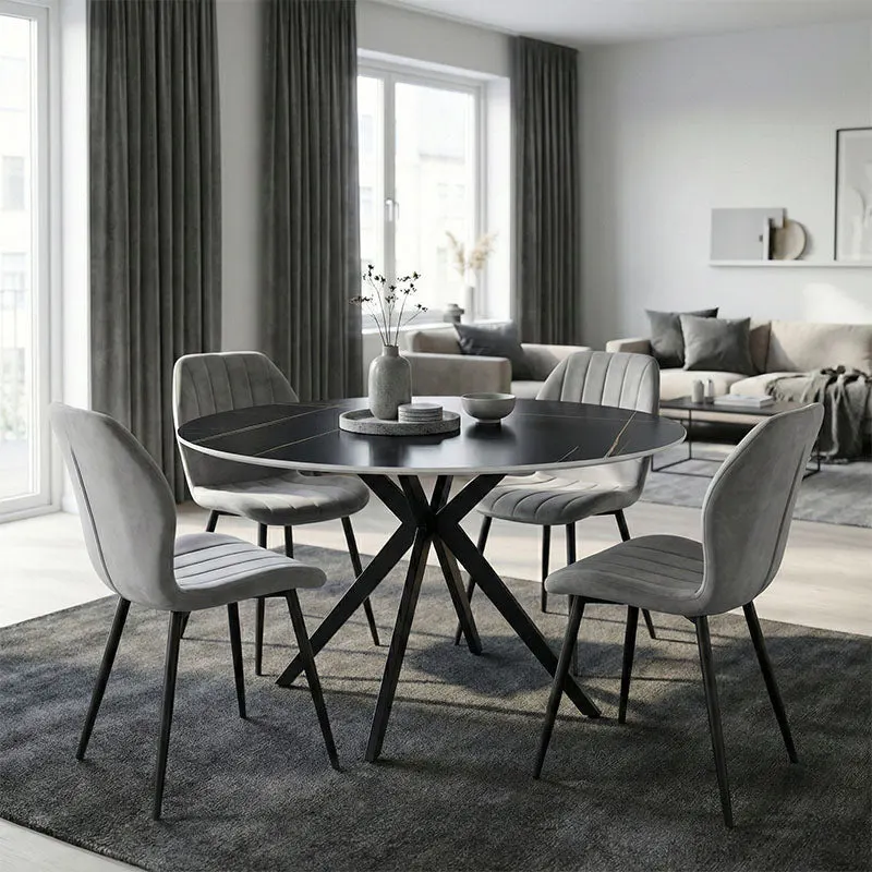 Set mobilier de sufragerie cu Scaune Gri Jelour și Masă Rotundă Neagră Orbital, Metal și Lemn, D120x H76, Set 5 Piese, 120x120x76 cm - Multicolor