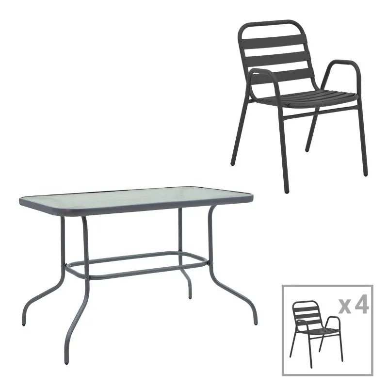 Set masă și scaune Valor-Sussie, metal și sticlă, Gri, 110x60x70 cm - Gri