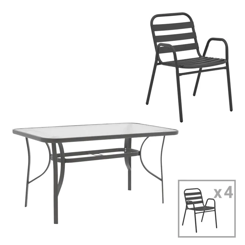 Set de mobilier de sufragerie cu masă și scaune Ensure-Sussie, Metal și Sticlă, Gri, 140x80x70 cm - Gri