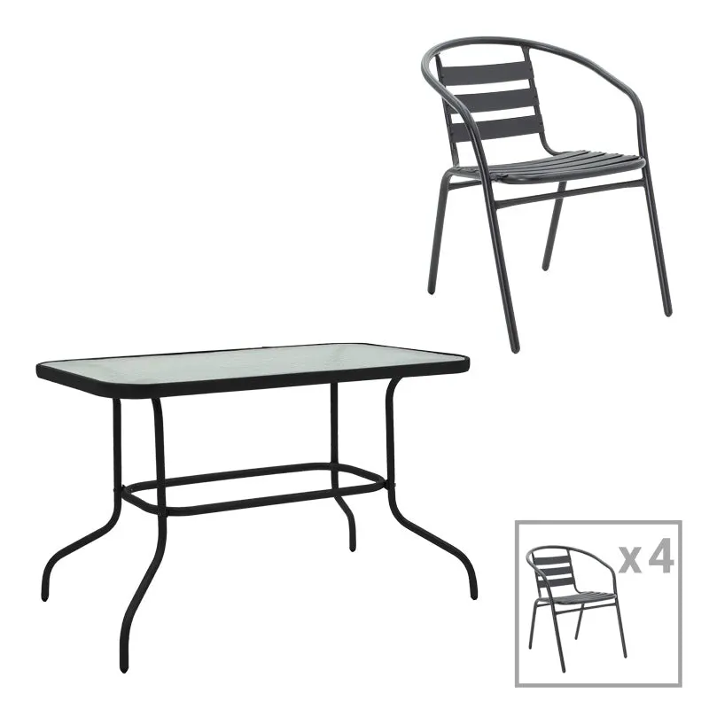 Masă de sufragerie cu funcție de Valor-Tade, Set 5 piese, Metal negru-Glas, 110x60x70 cm - Negru