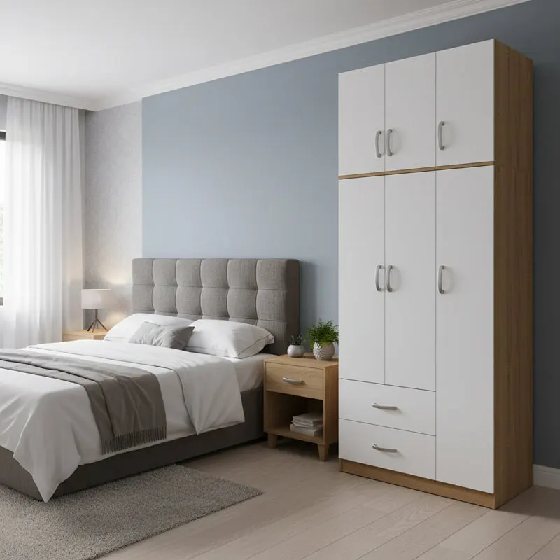 Dulap Athos cu 3 usi, 2 sertare si loft, 90x42x240 cm - Stejar-Alb