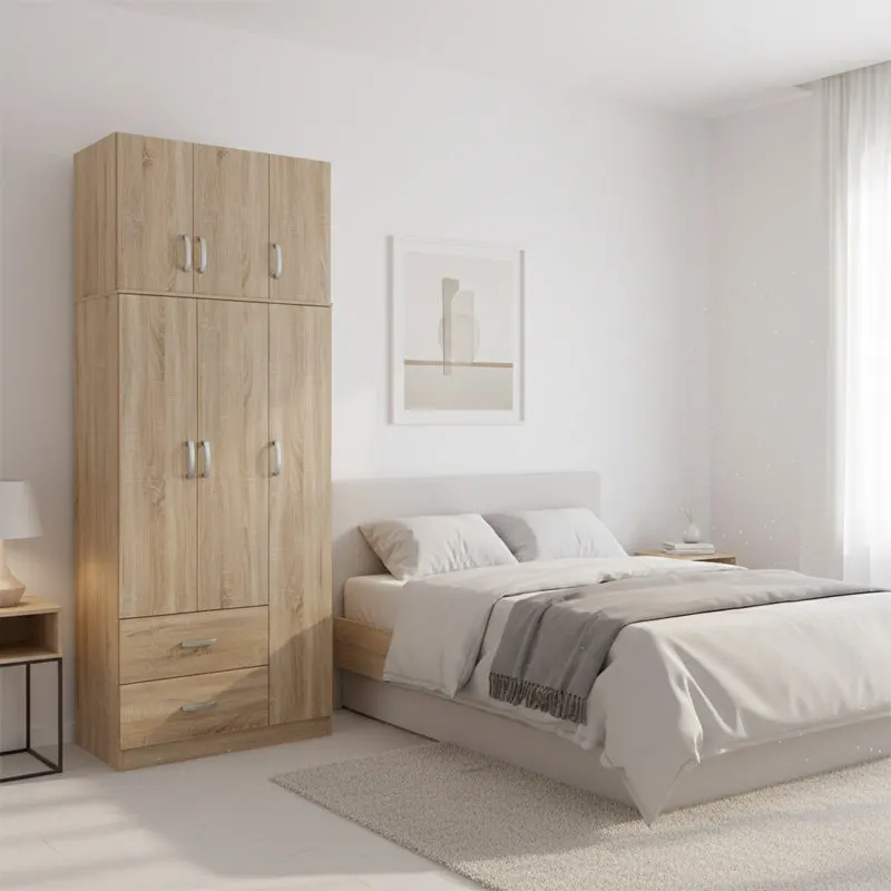 Dulap Athos cu 3 usi, 2 sertare si loft, 90x42x240 cm - Stejar