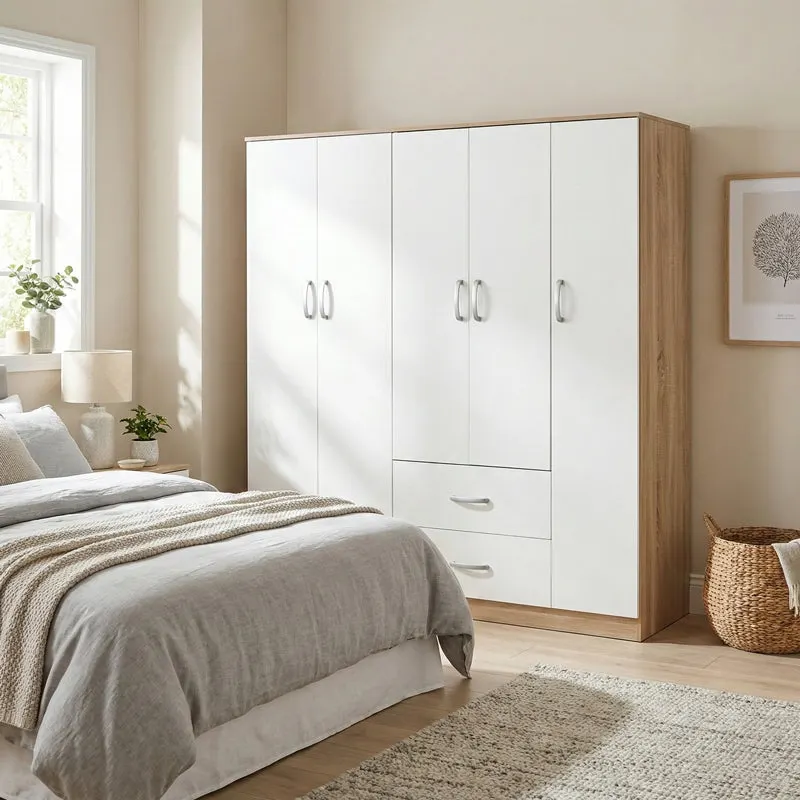 Dulap Athos I cu 5 usi, 170x42x180 cm - Sonoma-Alb