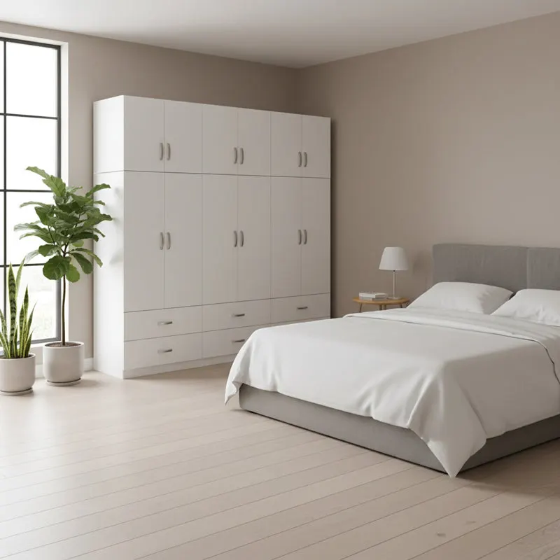 Dulap Athos cu 6 usi, sertare si loft, 240x42x240 cm - Alb