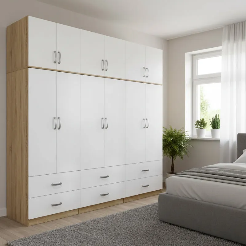 Dulap Athos cu 6 usi, sertare si loft, 240x42x240 cm - Sonoma-Alb