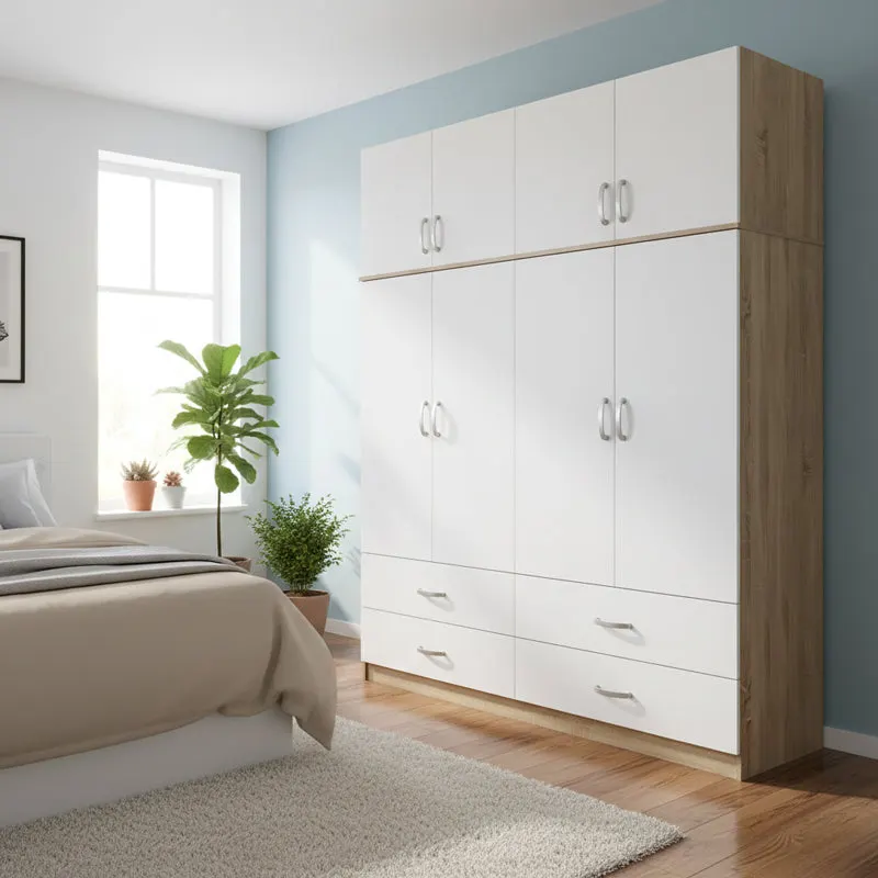 Dulap Athos cu 4 usi, sertare si loft, 160x42x240 cm - Sonoma-Alb